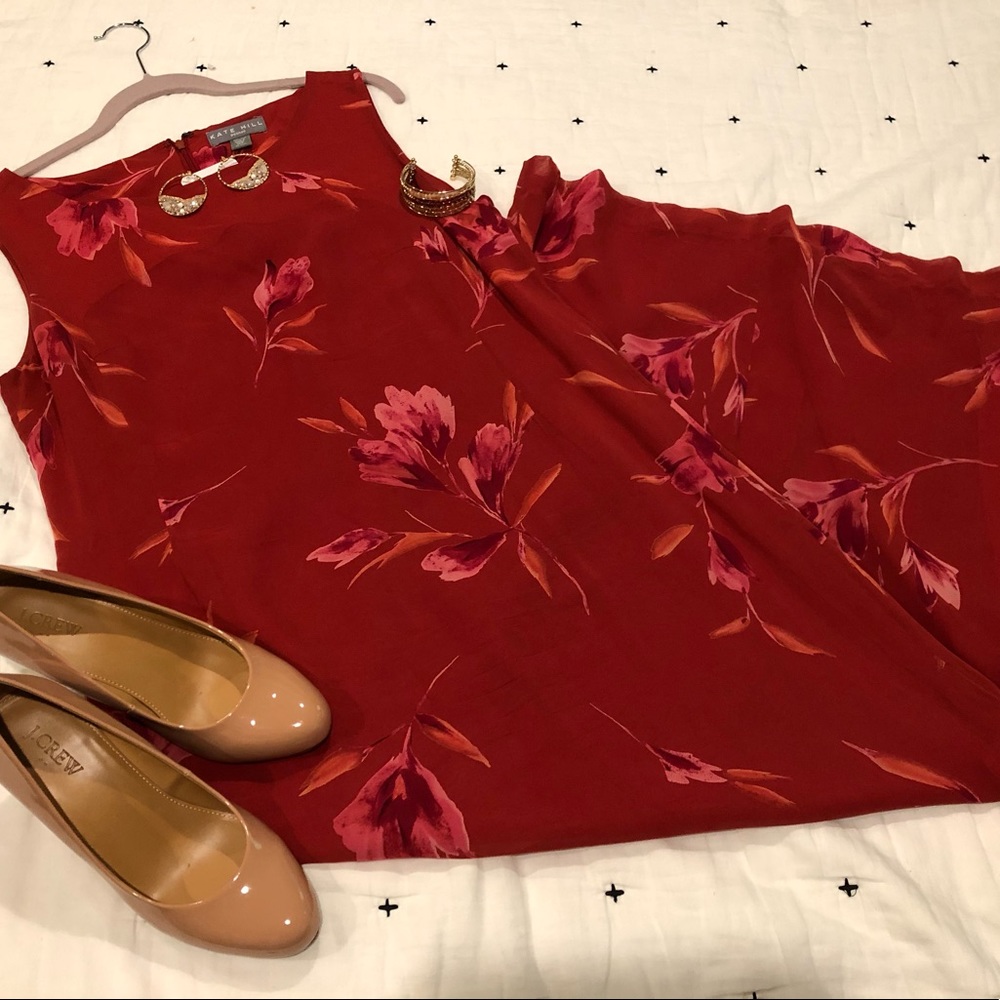 Kate Hill Flame-colored 100% Silk Maxi Dress 12P